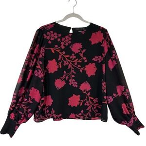 Sanctuary Women's Blouse Large Black Pink Floral Balloon Sleeve Sheer Sleeve Top